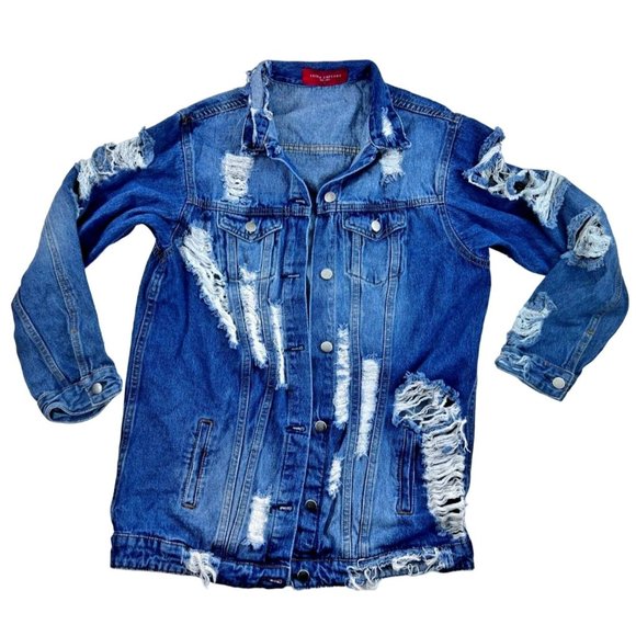 Akira Chicago Red Label Distressed Denim Jean Jacket Size Women’s Large - Picture 3 of 13